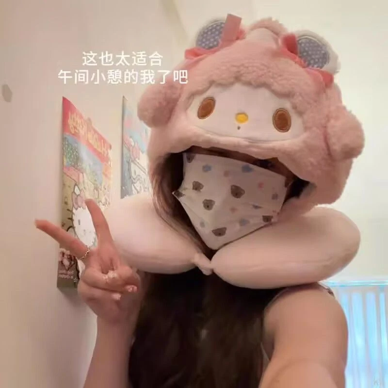 可爱小飞象美乐蒂卡通连帽U型枕护颈枕旅行飞机枕颈椎枕午睡枕头