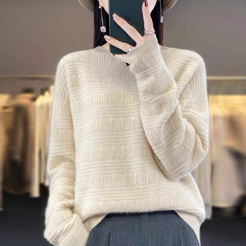 100羊毛慵懒风羊毛衫宽松圆领短款加厚女士打底衫针织时尚秋冬
