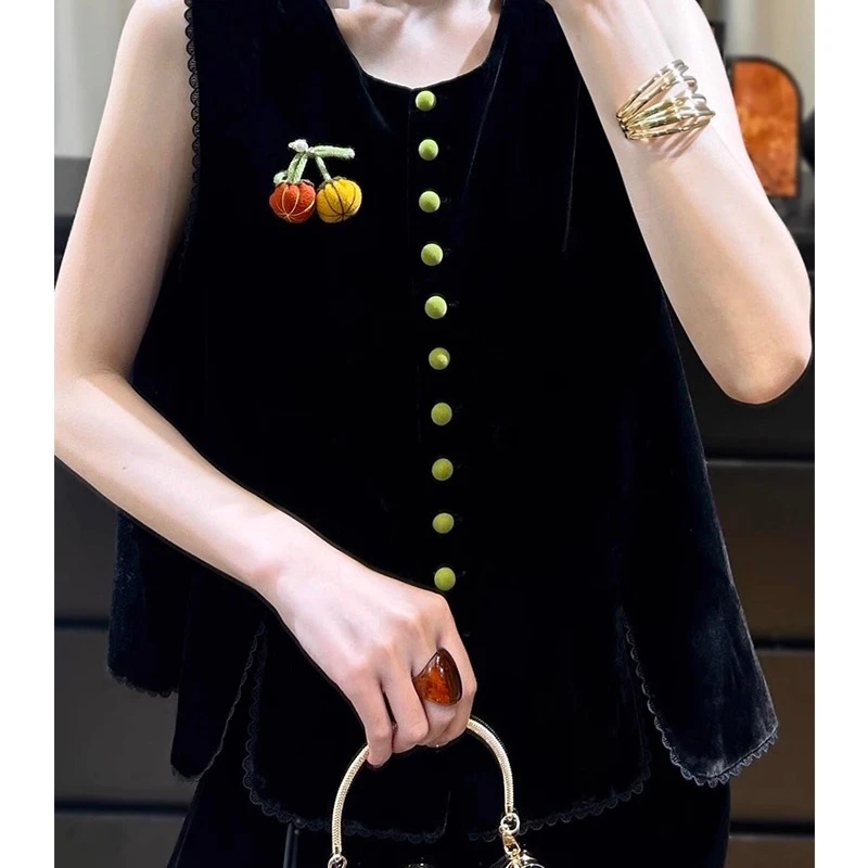 2025秋季新款女款黑色真丝丝绒马甲国风中式背心外穿坎肩马甲上衣