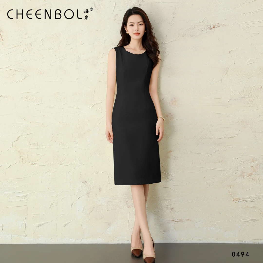 0494气质修身无袖连衣裙女春夏季新款知性优雅纯色中长裙显瘦
