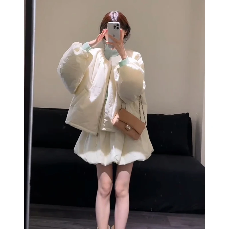 秋冬套装新款女法式气质宽松圆领长袖棉服外套高腰显瘦花苞半身裙