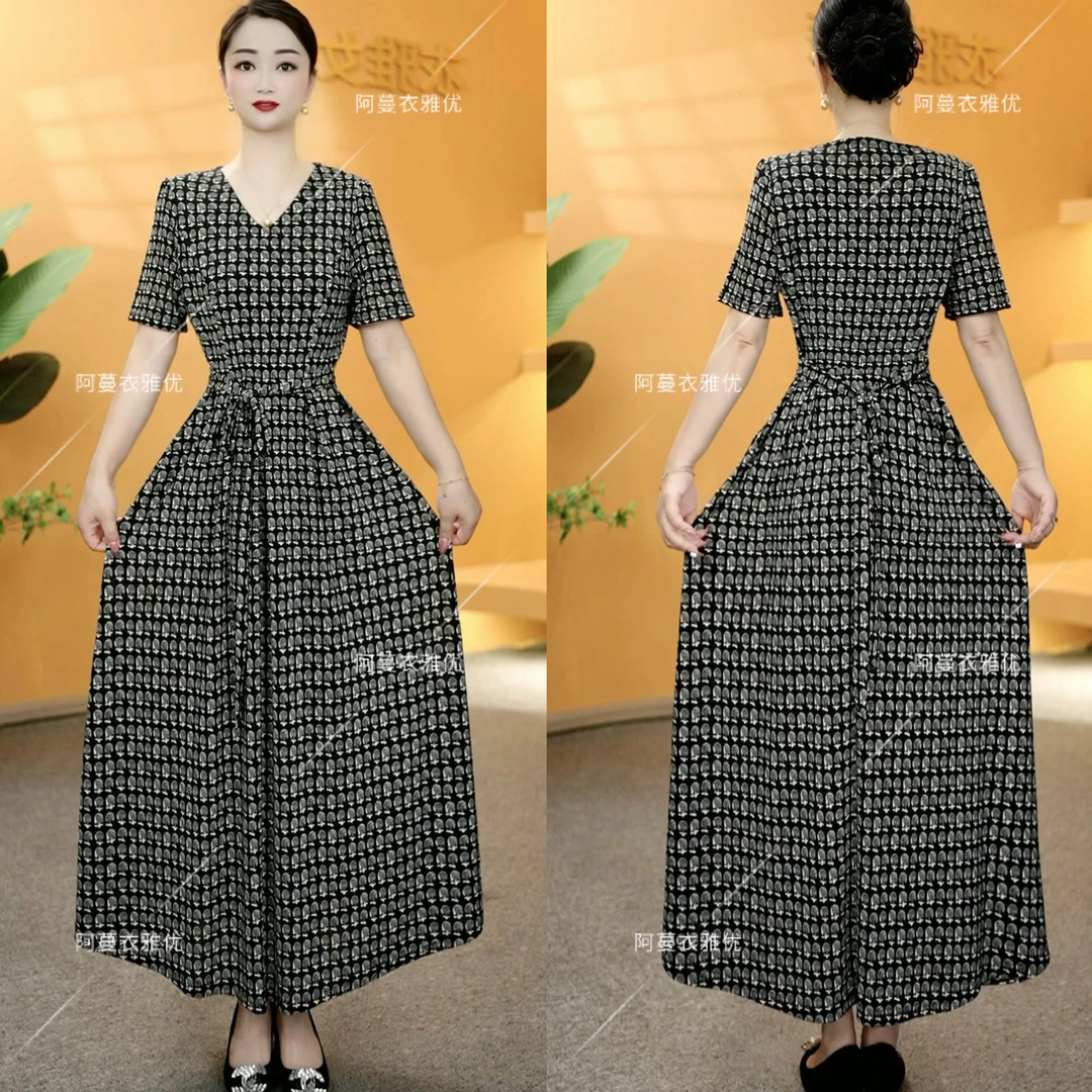 【衣雅严选】8121-2107#新款夏季百搭高腰系带长款V领连衣裙