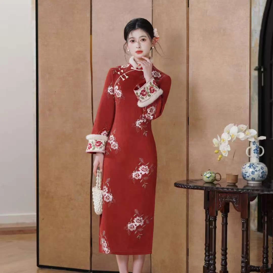 风清余【江神子】秋冬新款中国风改良减龄爆款加厚双色旗袍 衣长120