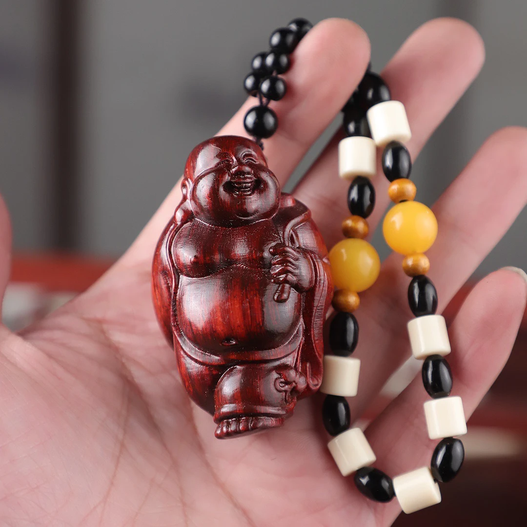 紫檀木雕刻财神爷实木手把件弥勒佛吊坠车挂随身盘玩家居禅意挂饰