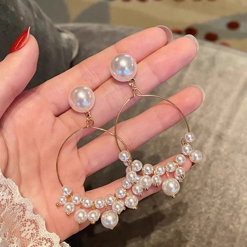 合金耳饰 韩国优雅气质超仙耳环韩国简约几何圆形ins珍珠耳坠耳饰