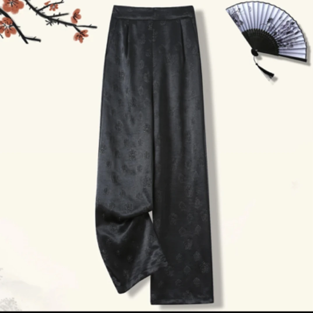 2025年新款女士休闲裤时尚百搭黑色宽松长裤提花松紧腰阔腿裤