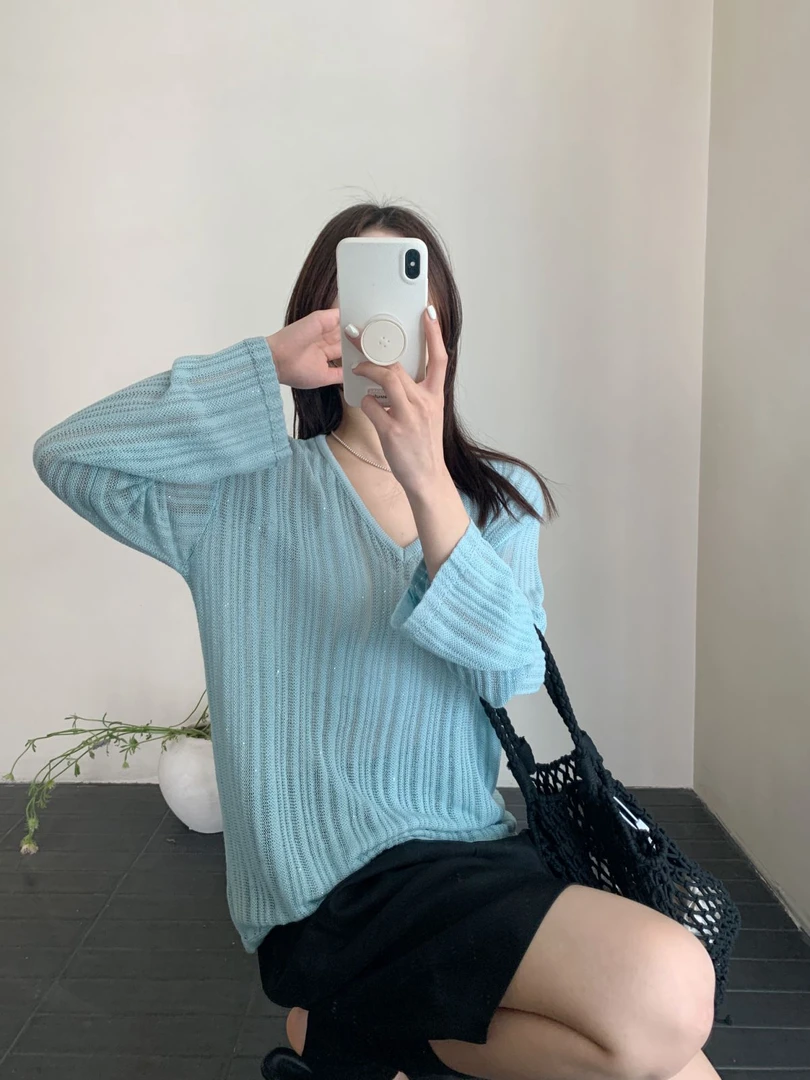 【素简.820177】春款上新星点亚麻珠片镂空女装针织衫（5.10福利）