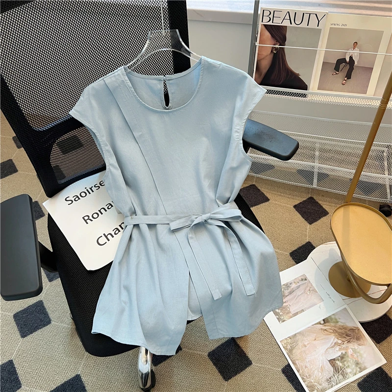 拉夏贝尔简约修身无袖衬衫女2025夏季新款高级感收腰系带开叉上衣