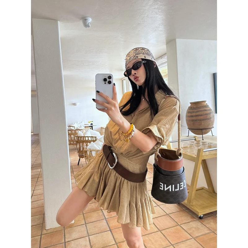 左边女装衬衫连衣裙2025夏季新款假两件拼接短袖衬衫百褶短裙