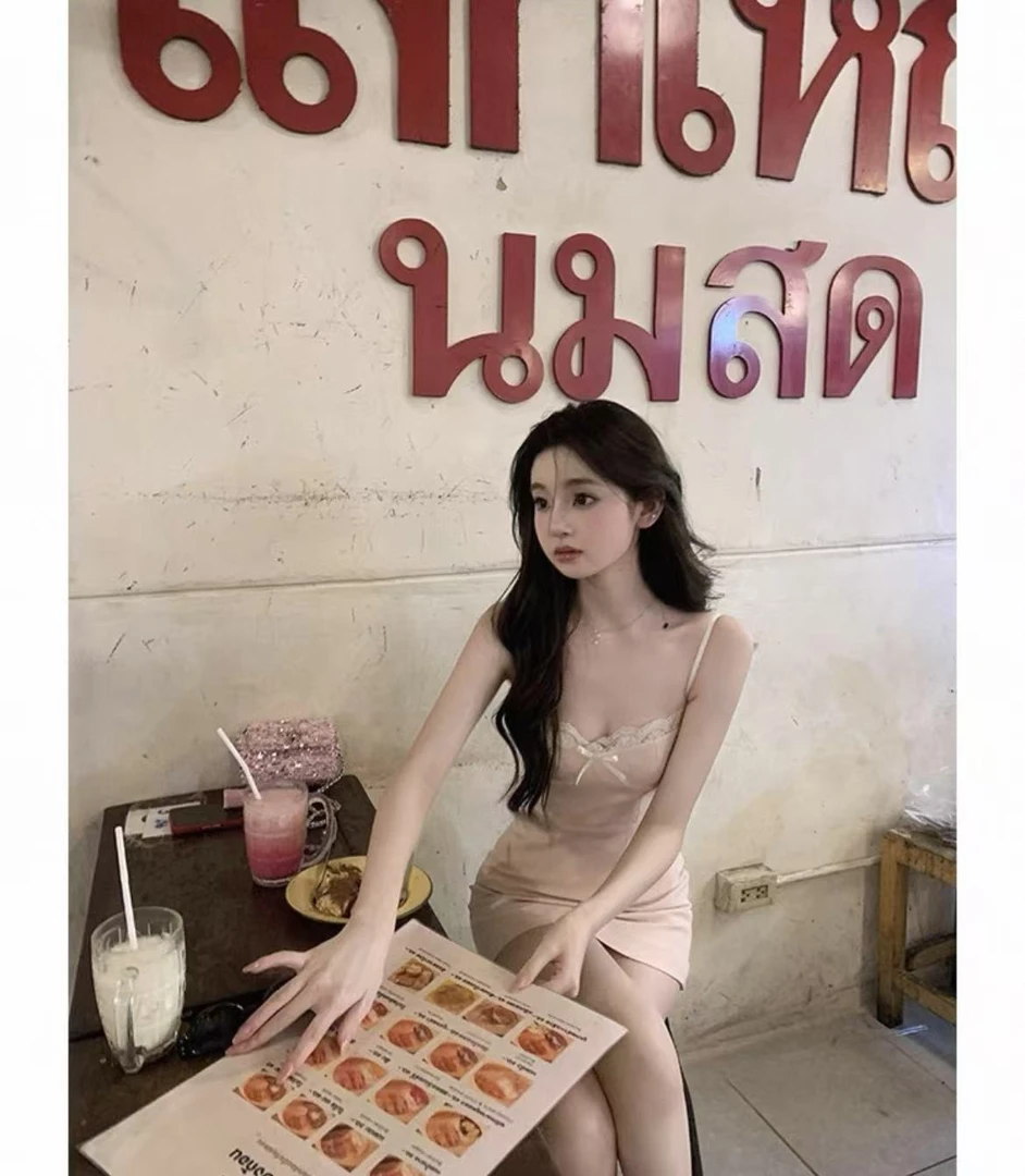 3i31-17195夏季新款纯欲甜辣妹性感蕾丝拼接蝴蝶结设计吊带连衣裙