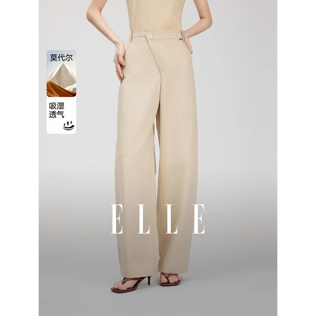ELLE法式设计感斜门襟高腰休闲裤女2025夏季新款显瘦EK51129