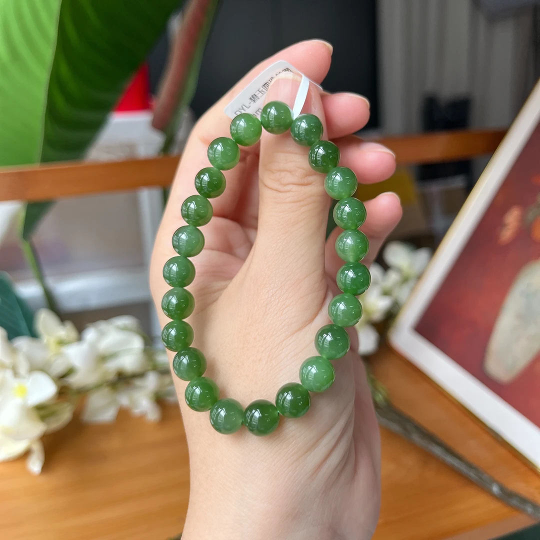 【郭老师】约8mm阳绿碧玉圆珠单圈手串