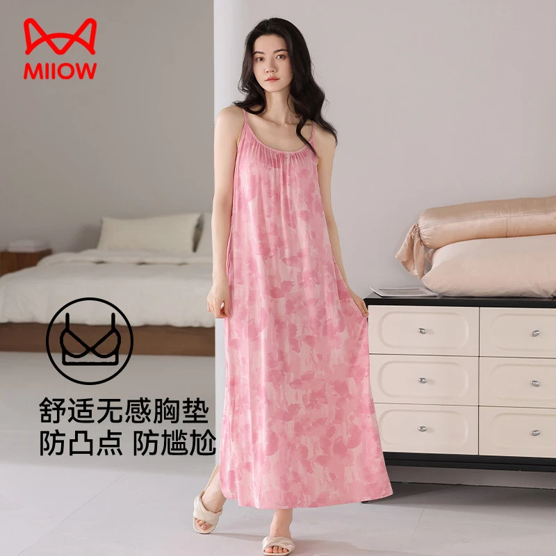 猫人睡衣女吊带夏季带胸垫过膝短袖睡裙大码夏天甜美连衣裙家居服