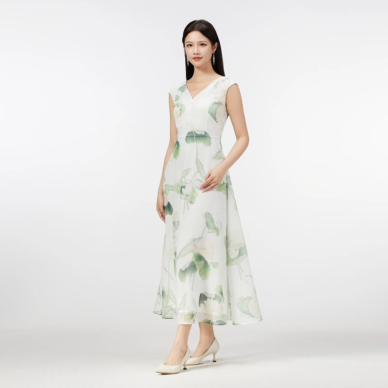 SUSSI古色丨“清莲不染”新中式V领落肩无袖印花收腰显瘦连衣裙