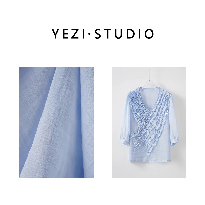 【蔚蓝细语】100支高密苎麻花边V领清凉衬衣小衫25216030