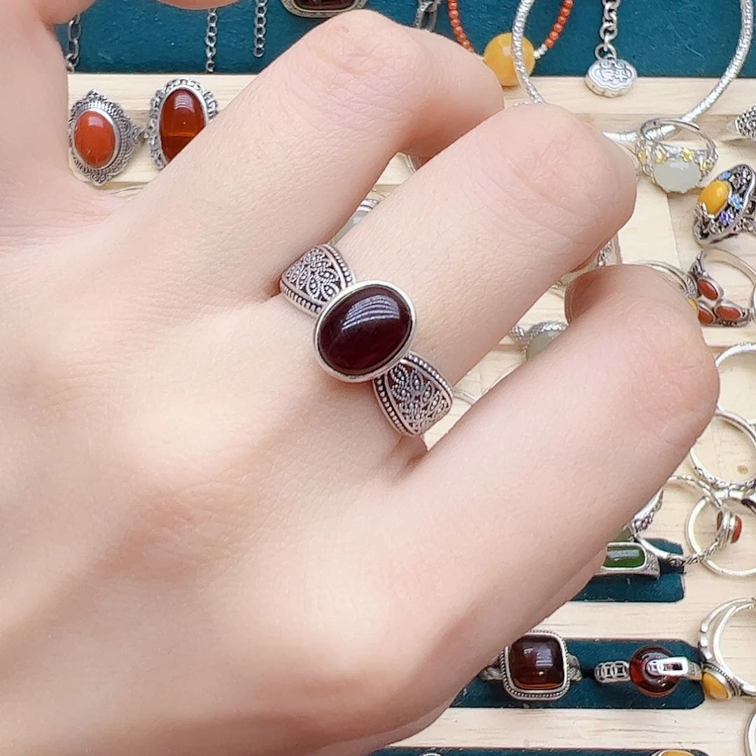 血珀戒指银S925镶嵌天然