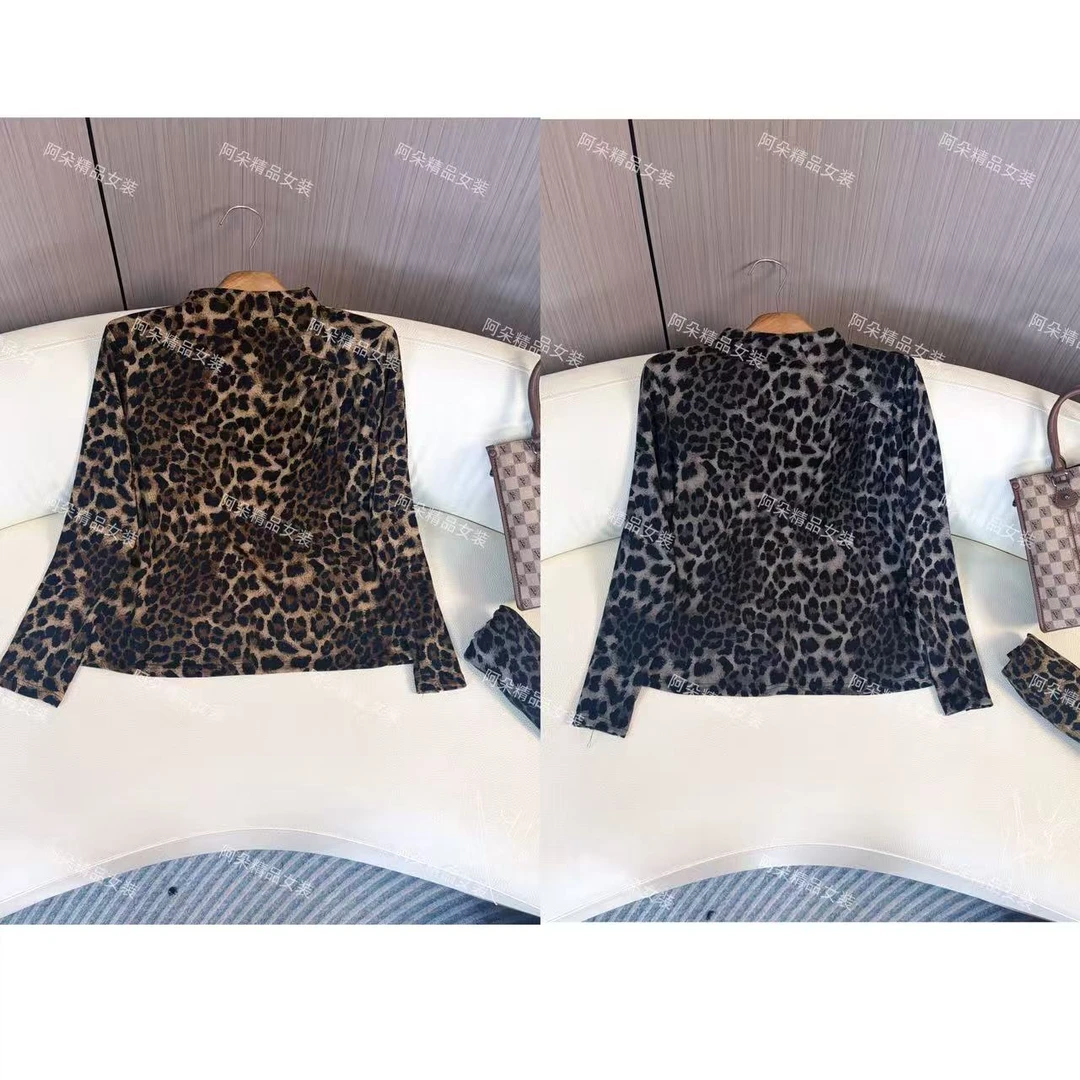 一字领豹纹打底衫女洋气2025秋季大码女装堆堆领上衣