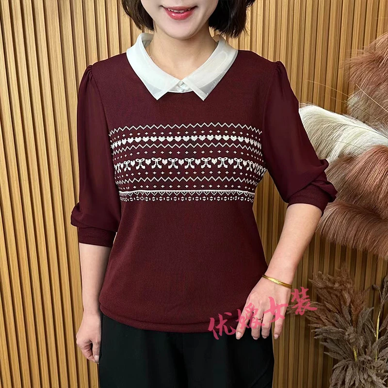 2025春季新款时尚欧根纱领印花遮肚显瘦洋气妈妈装长袖上衣 A2502