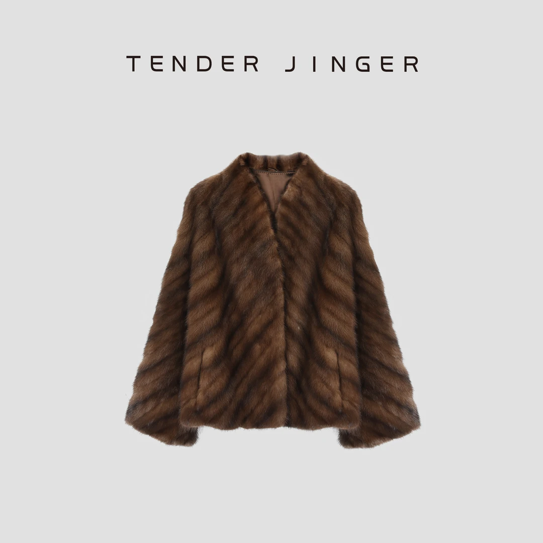 Tender Jinger【黑标】北美进口斜排V领咖啡水貂皮草T54FF30893