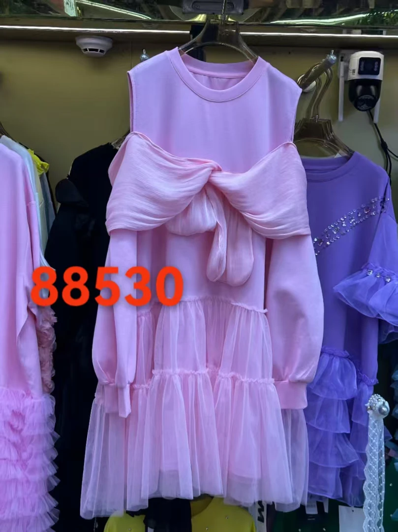 刘媛媛欧货  实拍M88530新款漏肩网纱宽松甜美大版时尚连衣裙