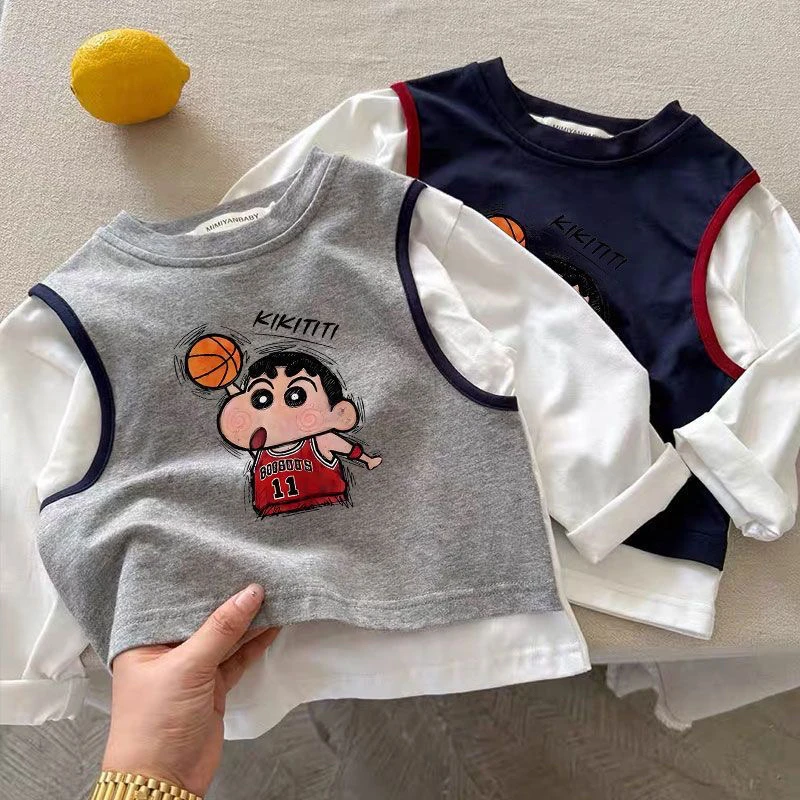 儿童春秋季新款假两件长袖T恤中大童宝宝蜡笔小新纯棉上衣男童潮t