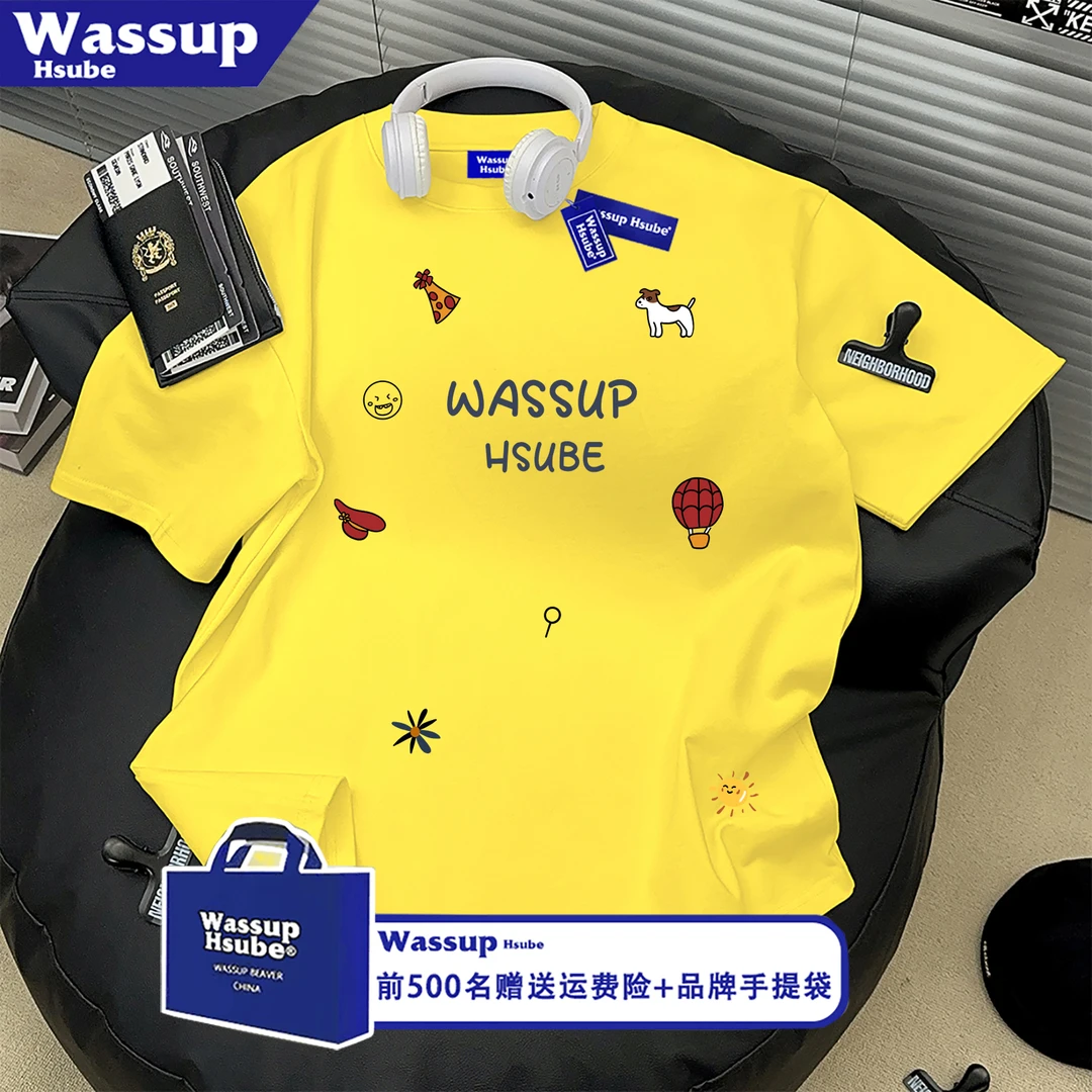 WASSUP HSUBE潮牌纯棉T恤男女夏季情侣装简约印花黄色宽松ins半袖