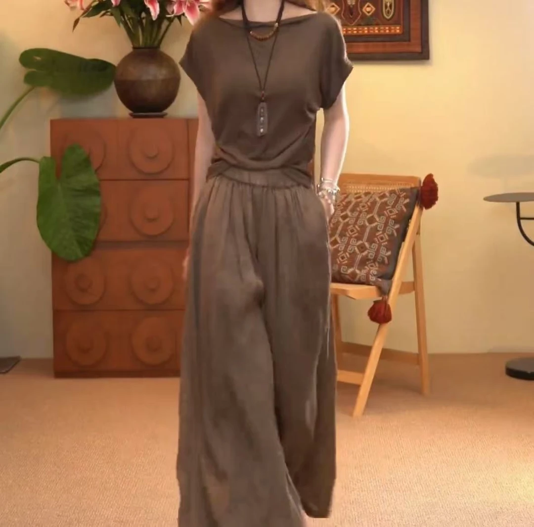 时尚新款收腰显瘦上衣垂感阔腿裤女装