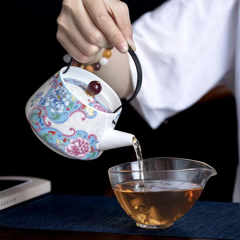 掐丝陶瓷珐琅彩功夫贵妃提梁壶+两杯+茶盘N672