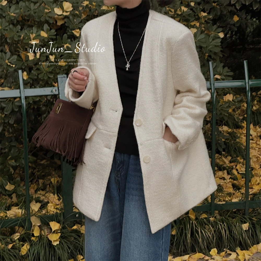 JunJun 小众设计单排扣V领西装羽绒外套JJ2253