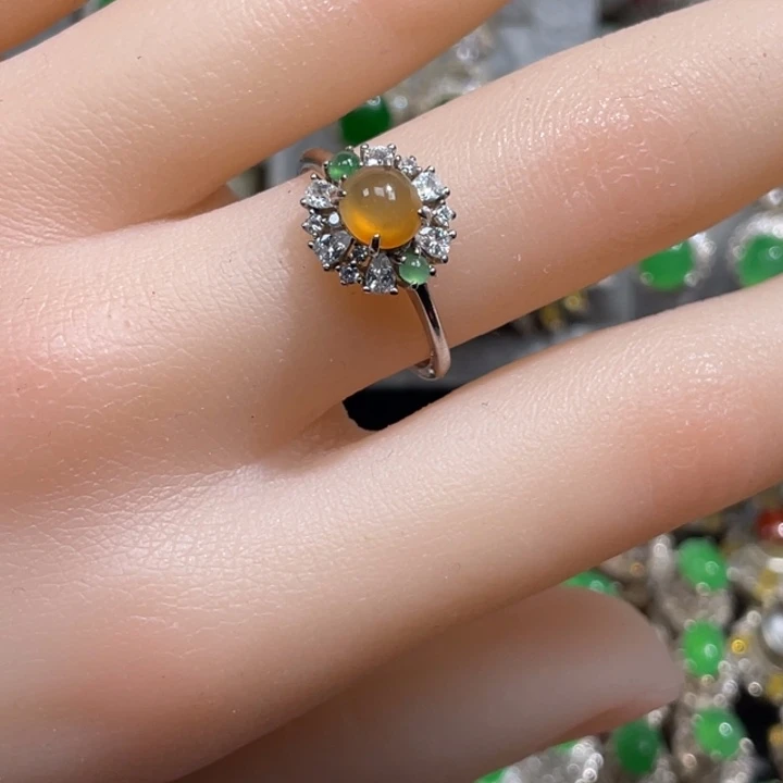 翡翠裸石冰黄翡戒指S925银镶