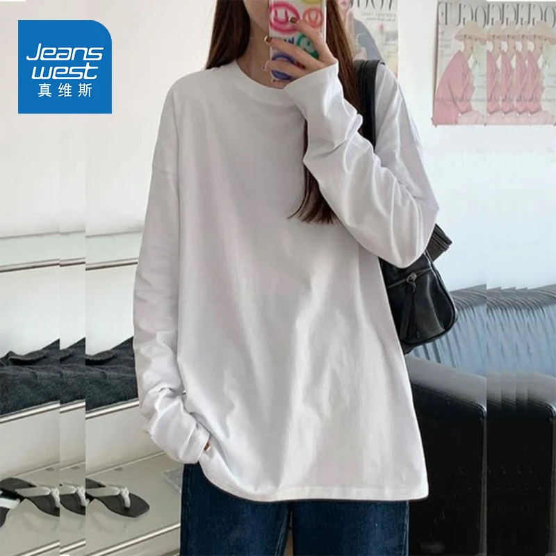 ZD真维斯白色纯棉t恤女秋季长袖上衣2025新款慵懒风上衣打底衫