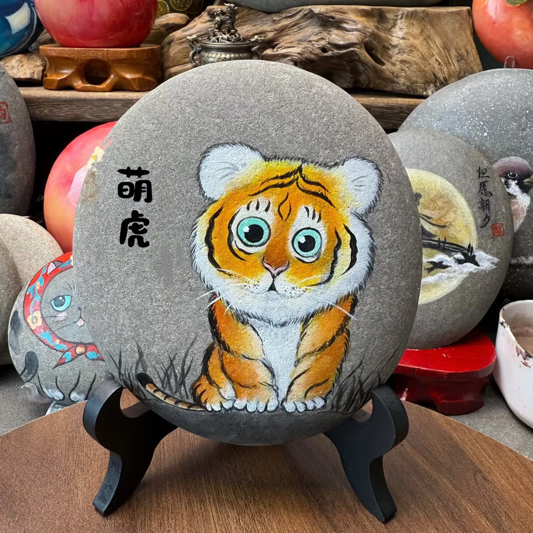 纯手工创意石头画萌虎精美老虎彩绘