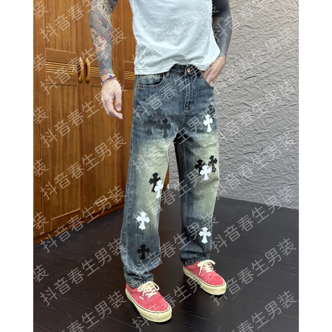2025秋冬新款时尚休闲百搭重工贴皮复古男士直筒牛仔裤9003