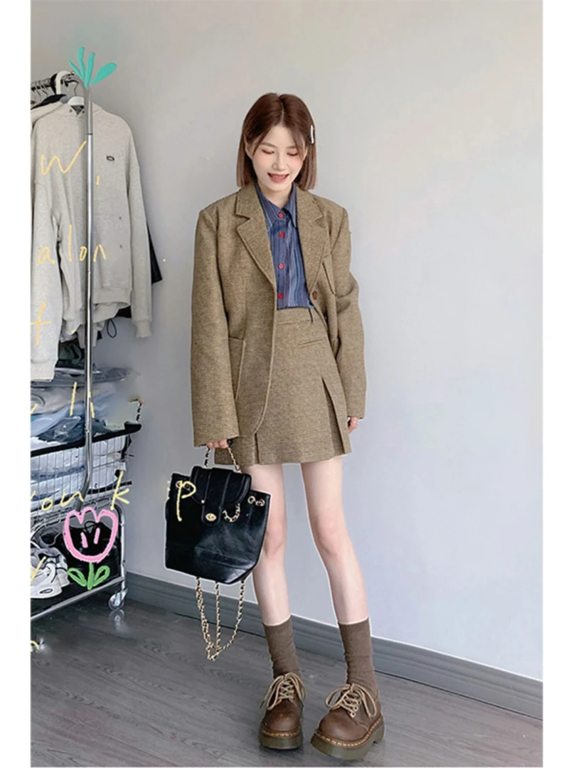 毛呢西装套装裙女2025秋冬装小个子穿搭韩系高级感呢子外套两件套