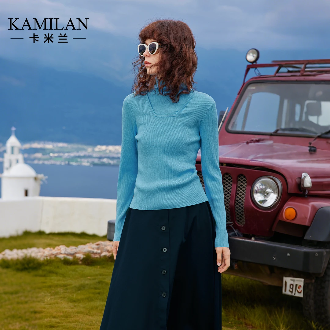 卡米兰长袖高领修身女士针织衫2025秋新款流行超好看独特漂亮上衣