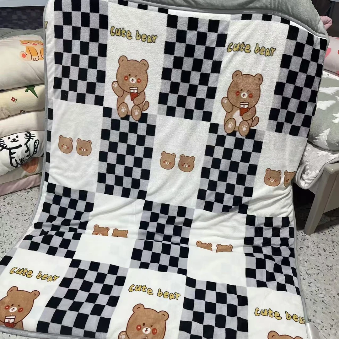格子熊单人1.5*2.0被子印花多功能奶绒单人双面加厚双层