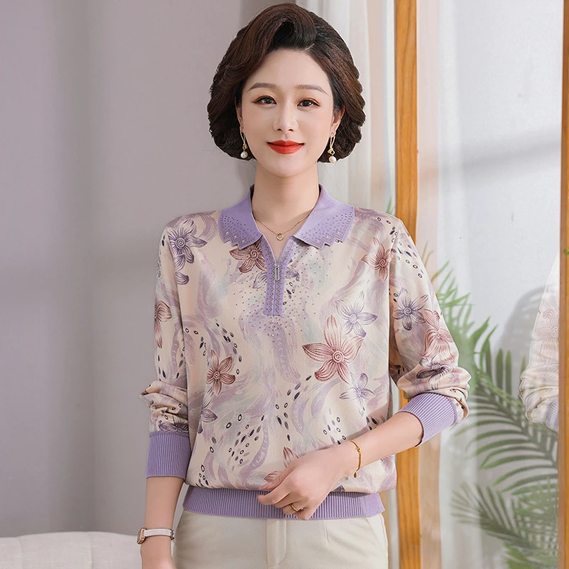 妈妈装秋冬季新款女装透气亲肤单面翻领T50-60岁印花简约上衣穿搭