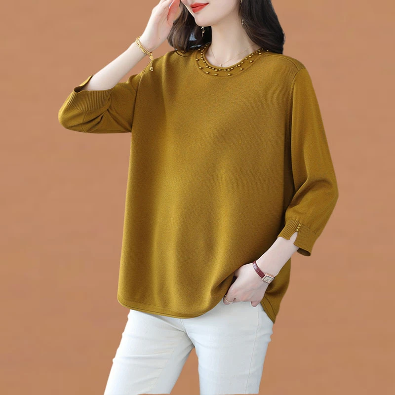 高档纯色针织衫女内搭春夏2025新款洋气大码宽松遮肉打底钉珠上衣