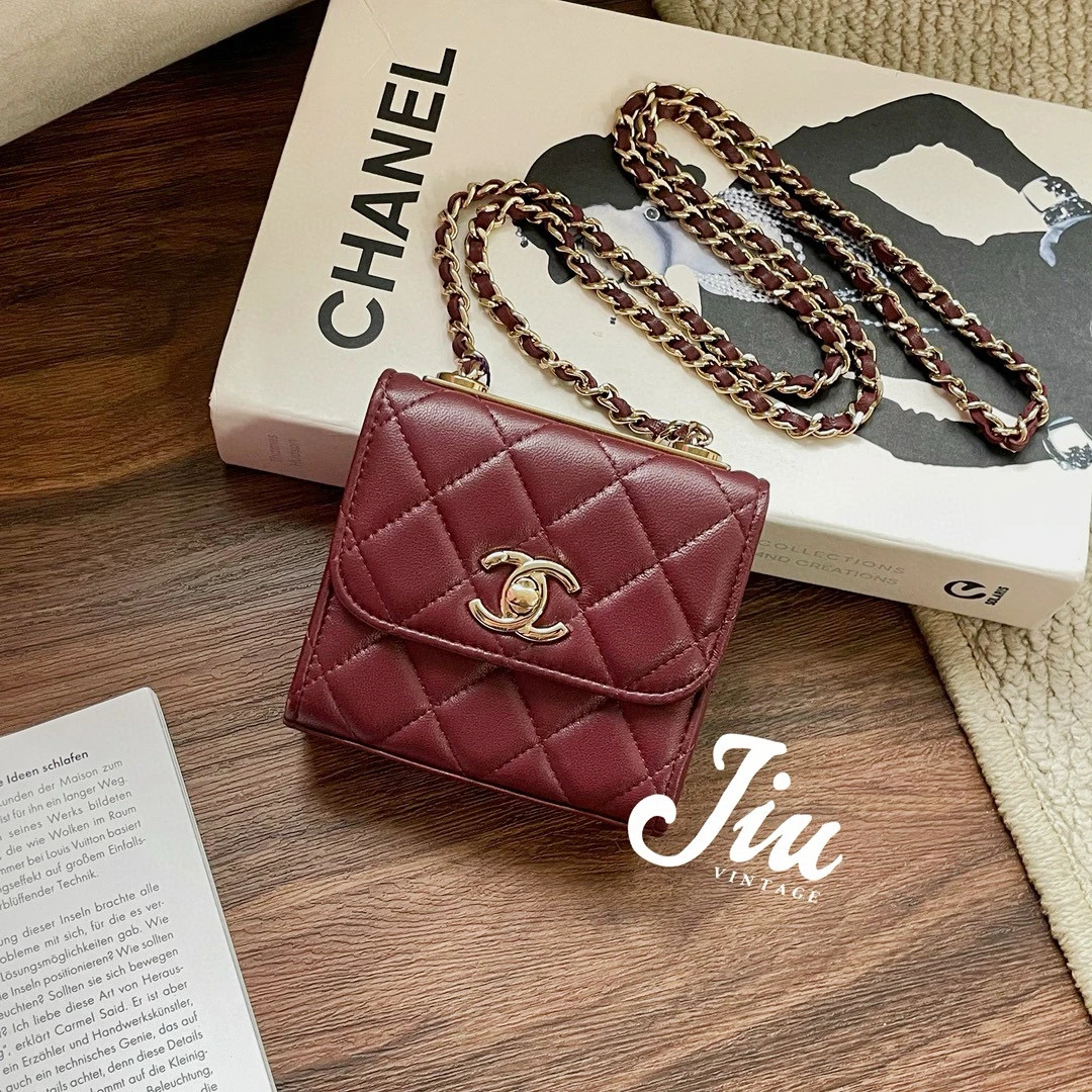 99新 Chanel/香奈儿 trendy cc mini 羊皮酒红色链条包BJM11-0593