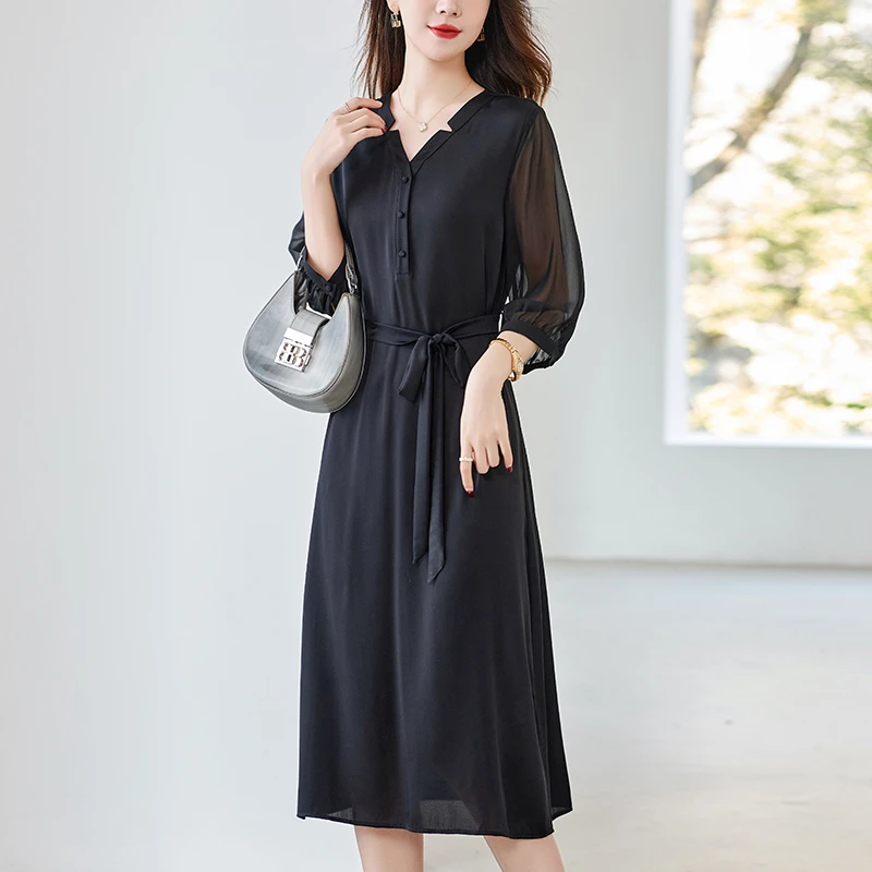 【三羊】夏季新款桑蚕丝真丝长款纯色连衣裙82497336