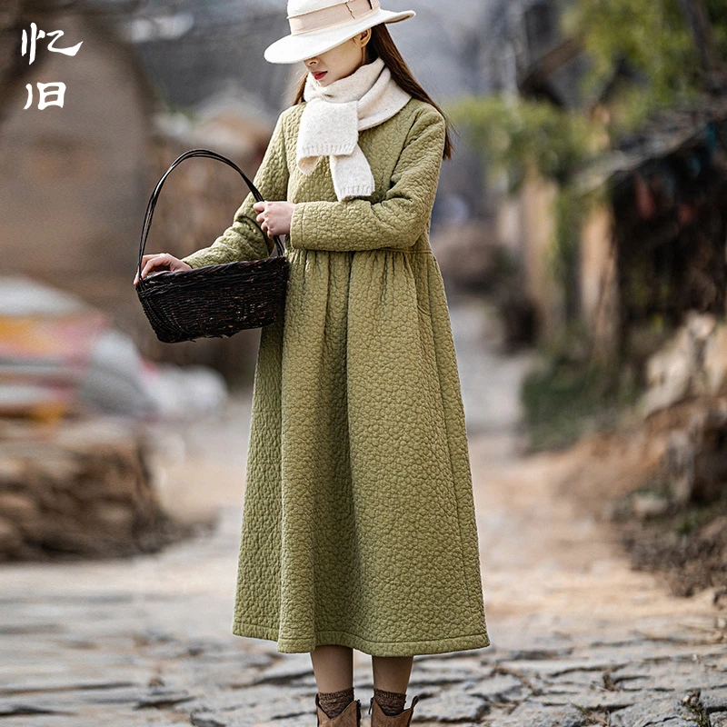 现货2247【迎着光】复古中式连衣裙女冬季新款立领纯棉打底长裙