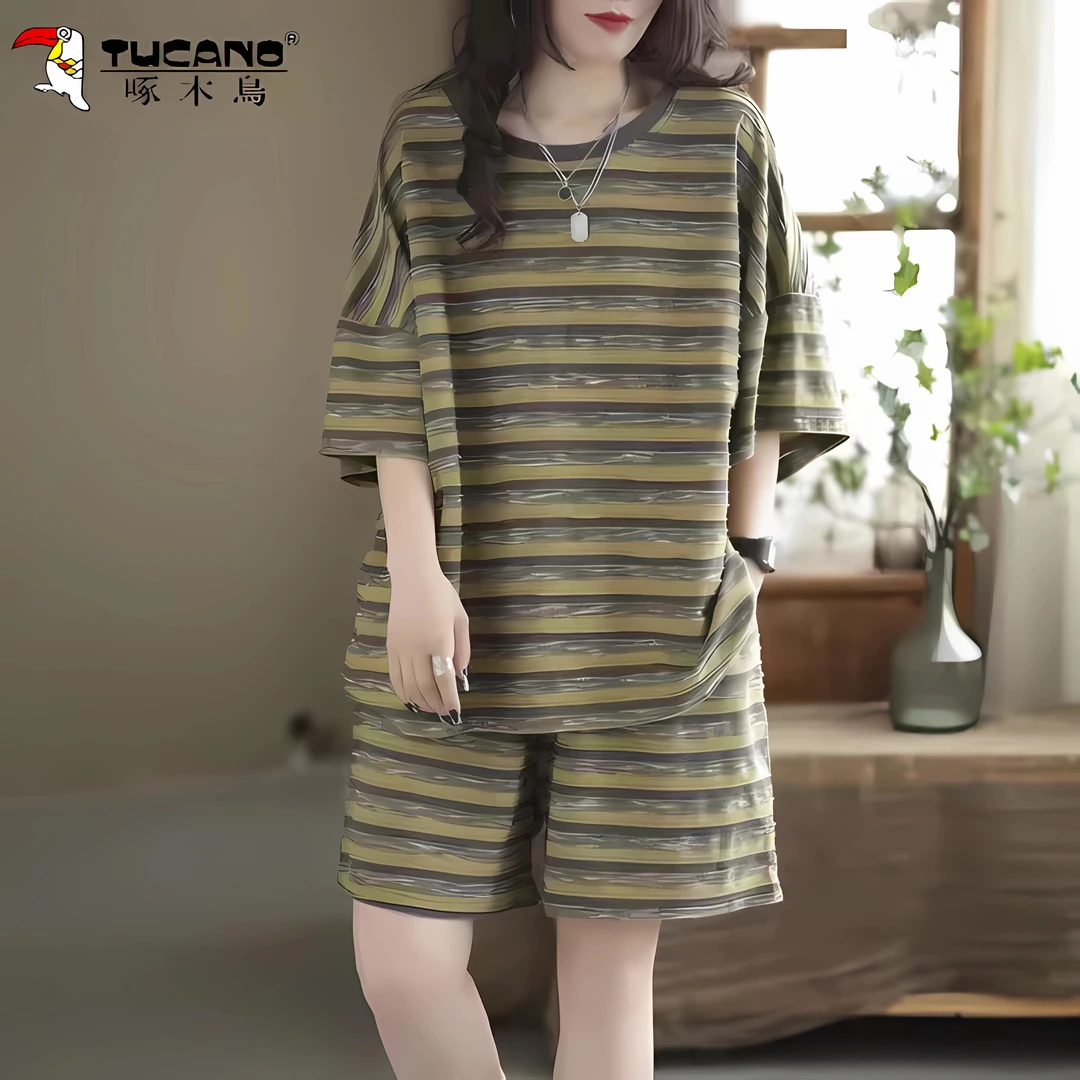 啄木鸟夏季大码时尚纯棉条纹短袖T恤短裤宽松显瘦休闲两件套装女