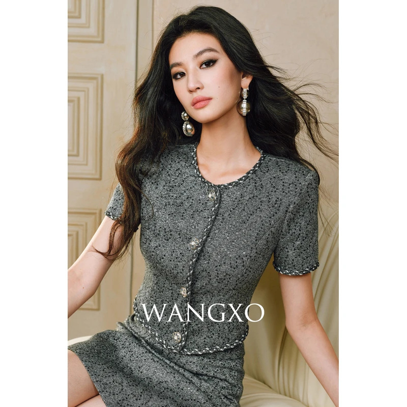 WANGXO 亮片绣针织无领短袖修身套装 250131W/250131W-1