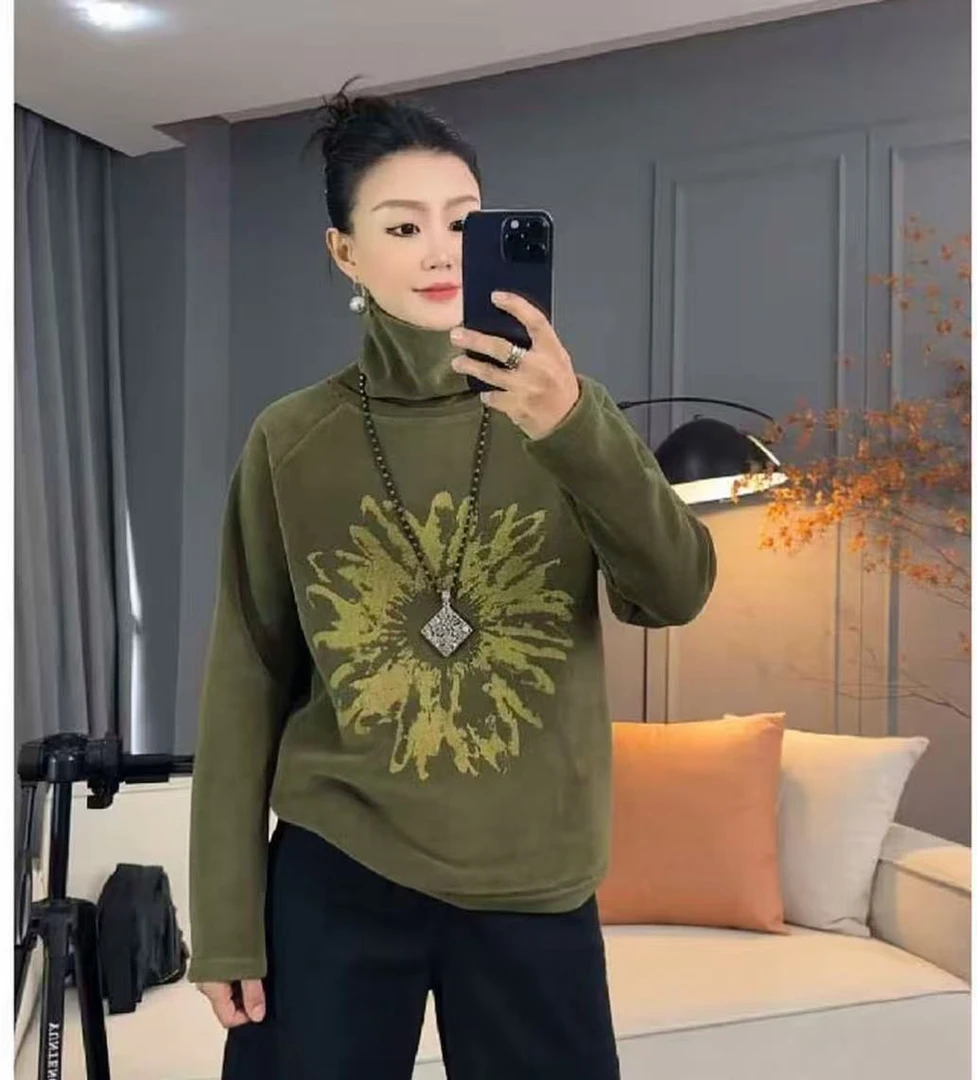 女常规拼接印花高领秋冬长袖卫衣时尚百搭奥粒绒女款