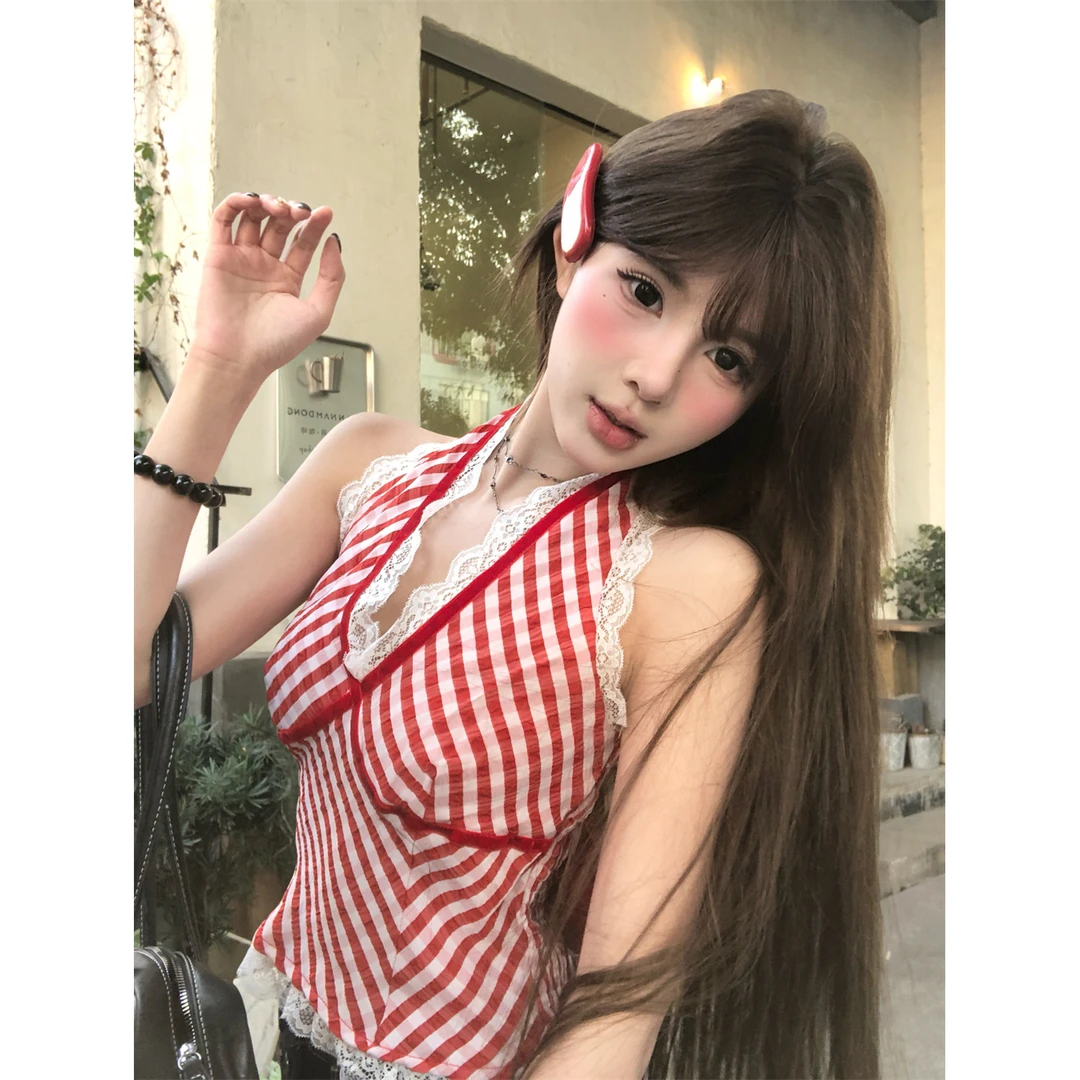 美式纯欲红色格子背心吊带女春夏季拼接蕾丝花边挂脖辣妹小众上衣