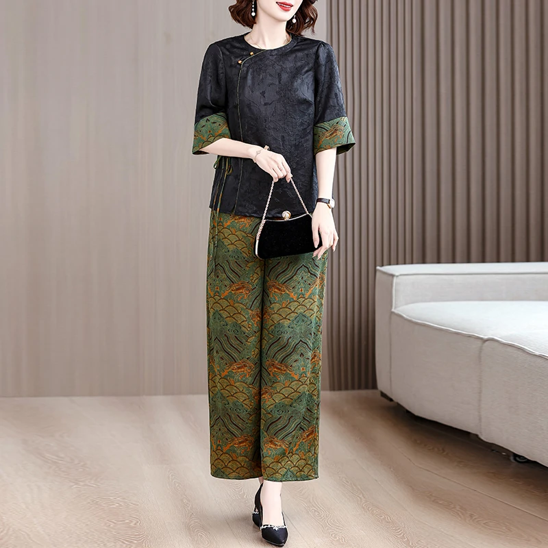 2025新款夏季宽松仿香云纱时尚妈妈真丝高档印花阔腿裤混搭两件套