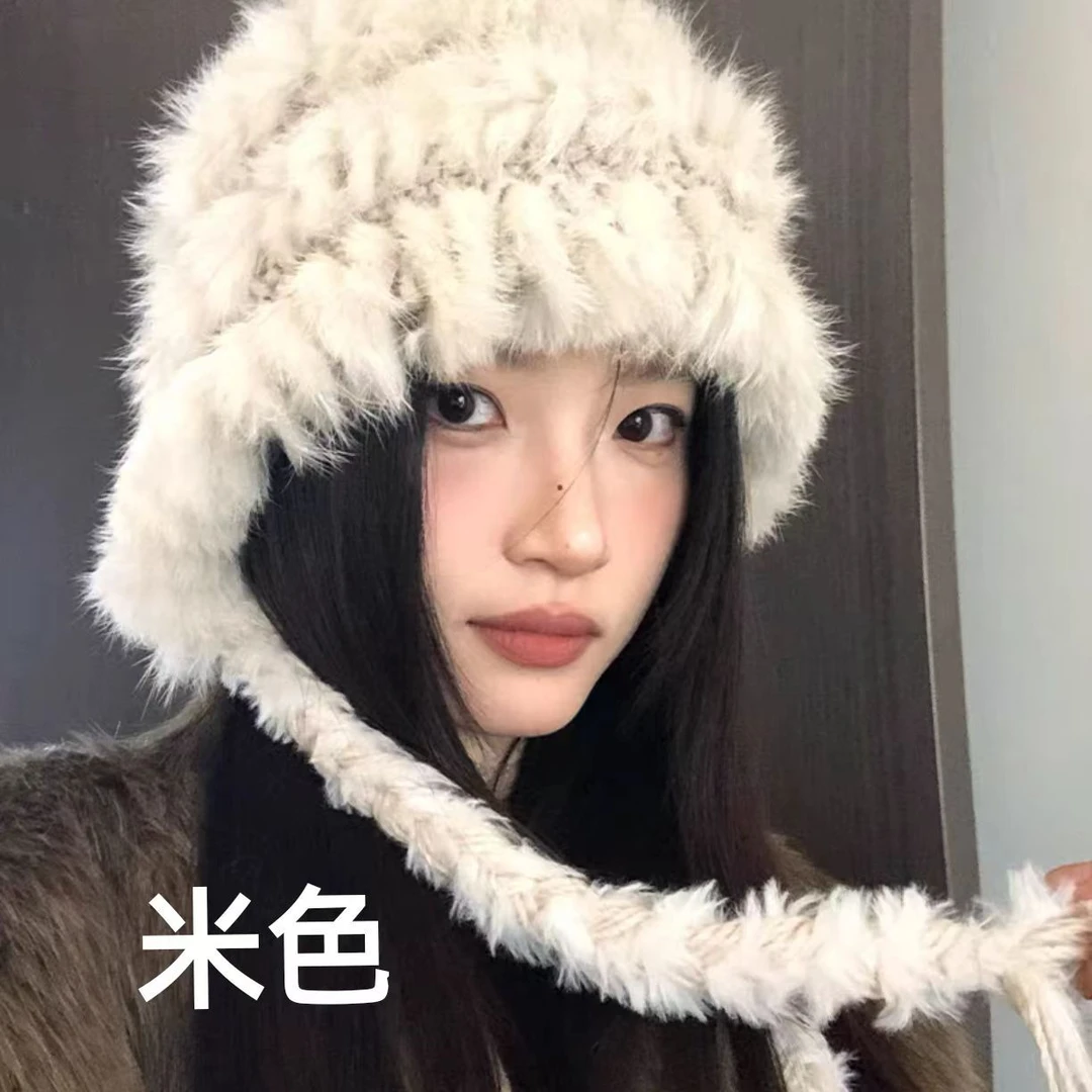 兔毛帽子女秋冬新款加厚防寒毛线帽网红显脸小护耳辫子开叉毛毛帽