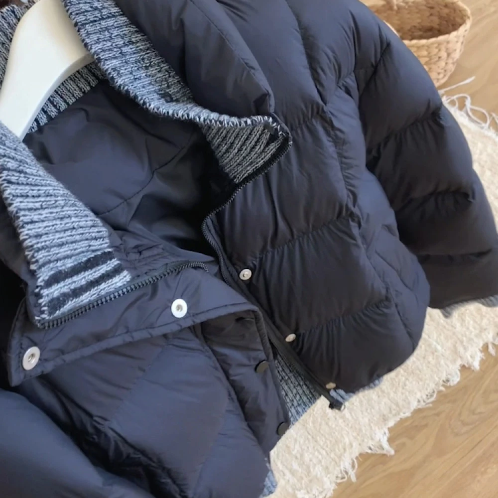 2025冬季新款大码针织拼接黑色短款棉服女高级感韩系保暖宽松外套