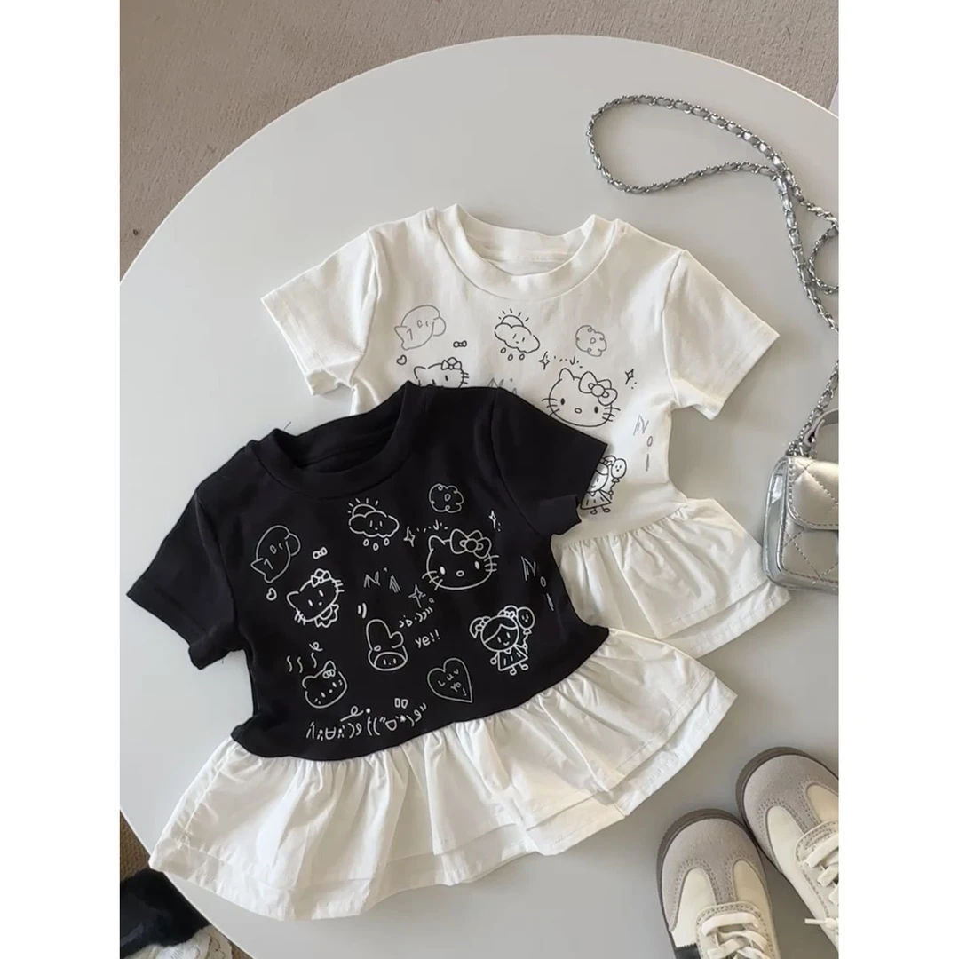 小粉象 ·女童恤夏季新款韩版猫拼接花边下摆短袖百搭休闲款恤