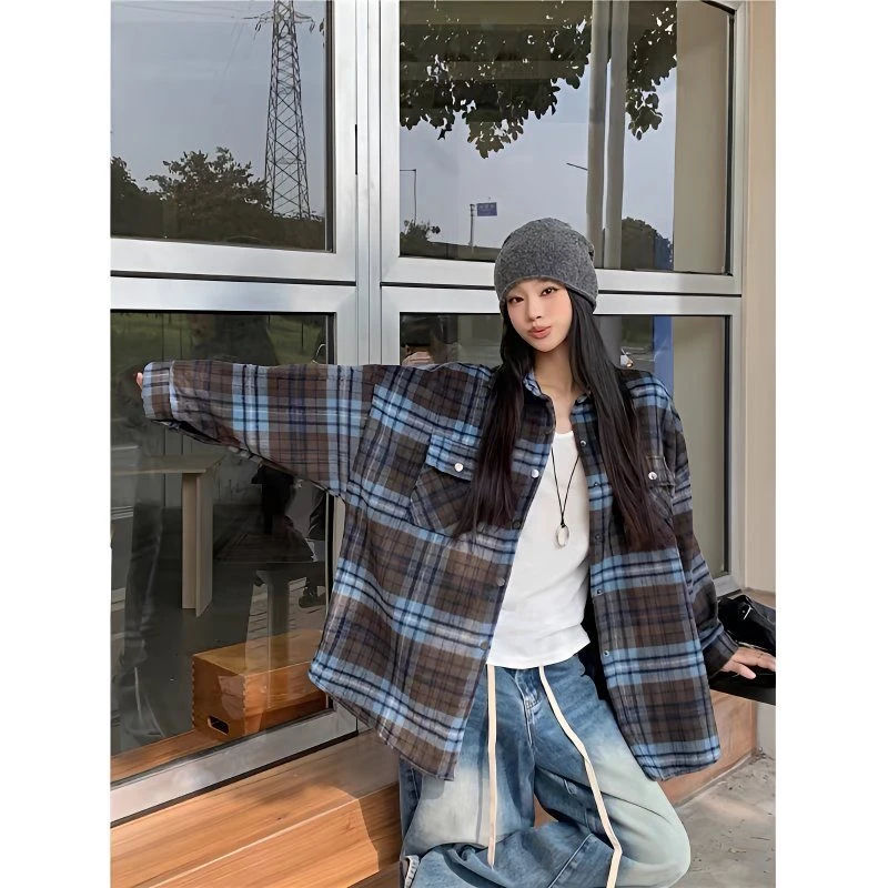 【莫兰迪兰】陈思思新款港风咖色格纹宽松百搭潮酷长袖格纹外套